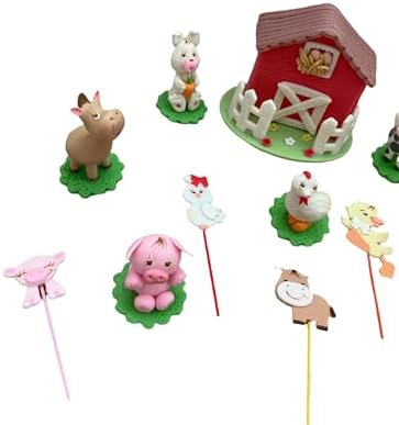 Farm animal cake toppers Set - Centerpieces for birthday & baby Shower parties - rabbit pig cow rooster horse duck barn (Pink, 6 centerpieces + 6 flat figurines) - Image 6