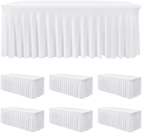 6 Pack White Spandex Table Covers 4ft Rectangle Ruffle Skirts for Party by HolidayIdeas