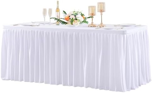 Wish Care White Polyester Table Clothes for 8 Foot Rectangle Tables, Wrinkle Free Fitted Table Cover with Pleated Ruffle Table Skirt for Birthday Party Wedding Trade Show Event Display by WishCare
