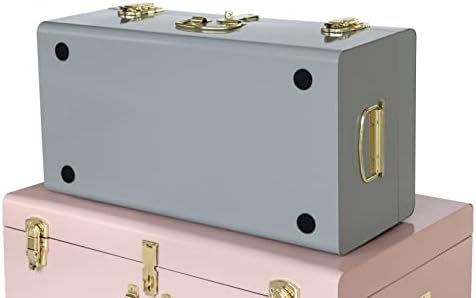 Vixdonos Decorative Metal Box Storage Trunks Set of 2 College Dorm Chest with Lock Hole,23.7X14.2X9.5 Inches(Grey and Pink) - Image 4