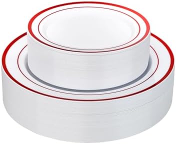 Goodluck 120 Pack Red Rim Plastic Plates - 60 Dinner Plates (10.25") & 60 Dessert Plates (7.5") - Heavy Duty Disposable White Plates with Elegant Red Trim - Premium Dinnerware Set for Wedding by GoodLuck