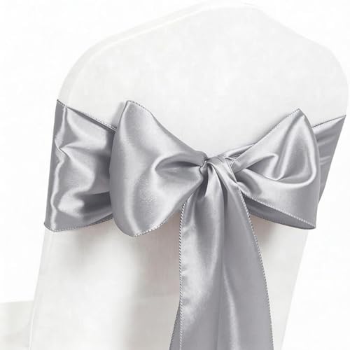 Silver Chair Sashes 50 Pack, Satin Chair Ribbons for Chairs Covers for Wedding Party Decor, Chairs Bows for Reception Ceremony Birthday Decoration by MAGTOWNE