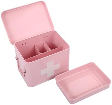 Lassos Boutique Retro Enameled First Aid Box for Medicine Storage and Home Decor with Lid and Removable Tray (Pink/White) - Image 2