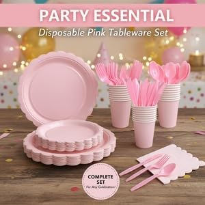 Nihaoya 700PC Pink Disposable Paper Plate set Party Supplies for 100 - Image 5