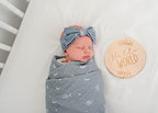 Miaoberry 100% Organic Muslin Swaddle Set w Matching Hat/Bow| Moon Leaves in Haze Blue| Hospital Home-Coming Baby Announcement Blanket Gender Neutral for Boy n Girl - Image 4