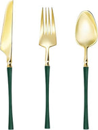 Lullaby 150PCS Heavy Duty Gold Plastic Silverware with Dark Green Handle by LULLABY