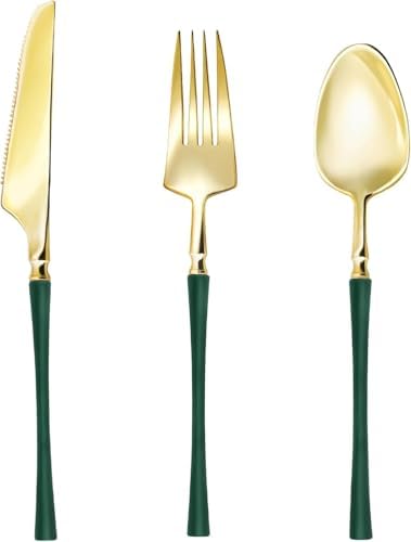 Lullaby 150PCS Heavy Duty Gold Plastic Silverware with Dark Green Handle by LULLABY