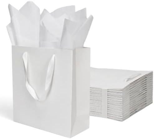 Papertide 36 Pack White Mini Gift Bags 10×4.5×11 inch with Tissue Paper by Unknown