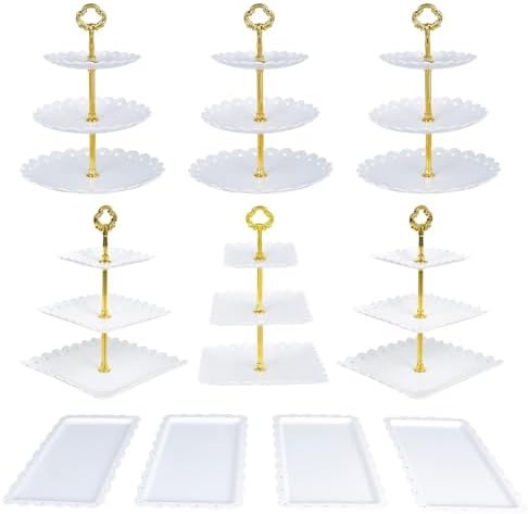 10 Pcs Dessert Table Display Set,with 6 Pcs 3-Tier Cupcake Stands & 4 Pcs Food Serving Trays- Cookie Tray Rack Cake Display Tower for Wedding, Baby Shower, Tea Party, Birthday Decorations - Image 2