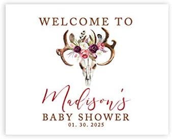 Andaz Press Custom Large Baby Shower Canvas Welcome Sign, 16 x 20 Inches, Rustic Boho Burgundy Floral Antlers, Guestbook Alternative, Personalized Sign Our Canvas, For Fall, Rustic, Boho, Baby Shower by AndazPress