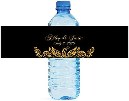 Black and Gold Peacock Water Bottle Labels Great for Wedding Birthday Anniversary Engagement Partys by DesignThatSign