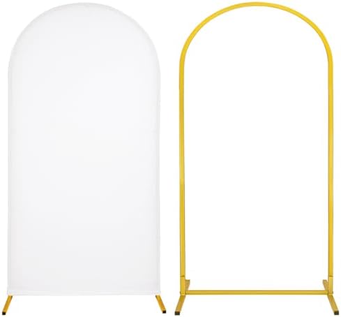 Metal Arch Stand and Cover Set,1 White Spandex Fitted Backdrop with 1 Gold Wedding Arched Stand Frame for Parties Birthday Baby Shower Bridal Banquet Decoration (6.6FT) by HAISIWLKJ