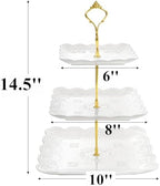 Tebery 2 Pack 3-Tier White Ceramic Embossed Dessert Cake Tower Stand with Gold Carry Handle, Cupcake Stand Serving Trays, Porcelain Party Food Server Display Holder - Image 2
