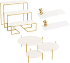 8 Piece White and Gold Acrylic Dessert Table Display Set, Cupcake Stand and Tiered Serving Tray with Painted Iron Stands, Round Risers and Bear Clips for Wedding, Birthday and Baby Shower Parties by AIJIDIWO