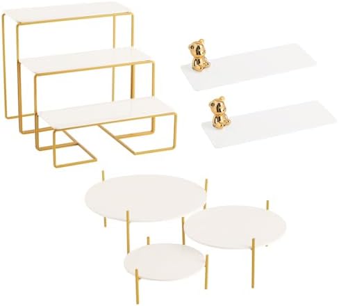 8 Piece White and Gold Acrylic Dessert Table Display Set, Cupcake Stand and Tiered Serving Tray with Painted Iron Stands, Round Risers and Bear Clips for Wedding, Birthday and Baby Shower Parties by AIJIDIWO