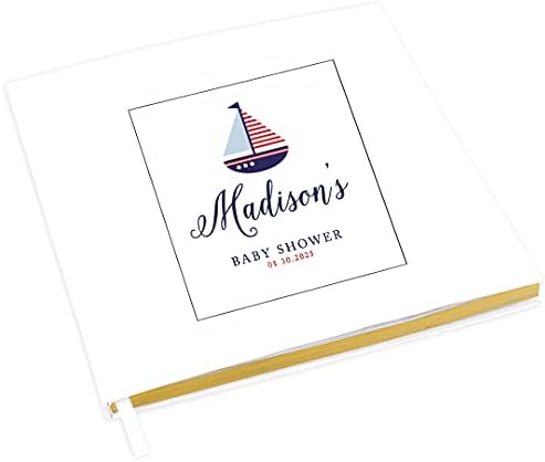Andaz Press Personalized Baby Shower Guestbook with Gold Accents, Nautical Sailboat Custom Name, Date, White Guest Sign in Registry 120 Pages 8.5 X 8.5 Memories Book for DIY, Scrapbook, Photo Album by AndazPress