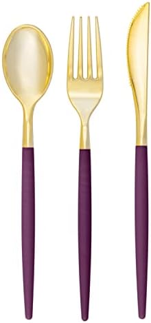 Luxe Party 128 Pieces Two Tone Plastic Disposable Cutlery | Forks-Spoons-Knives | Full Size | Chic Round | Purple and Gold by LuxeParty