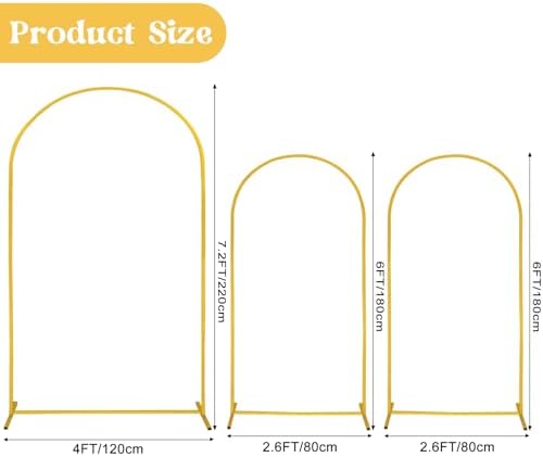 Arch Backdrop Stand 7.2FT, 6FT, 6FT Set of 3 Gold Wedding Arch Stand Balloon Arch Stand Stable Metal Arch Backdrop Frame for Wedding Ceremony Birthday Party Bridal Baby Shower Banquet Decoration - Image 2