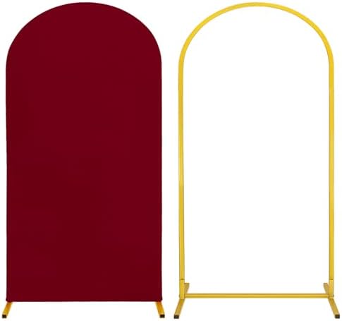 Metal Arch Stand and Cover Set,1 Burgundy Spandex Fitted Backdrop with 1 Gold Wedding Arched Stand Frame for Parties Birthday Baby Shower Bridal Banquet Decoration (6.6FT) by HAISIWLKJ