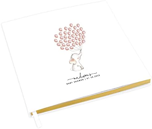 Andaz Press Personalized Baby Shower Guestbook with Gold Accents, Baby Elephant with Balloons Custom, White Guest Sign in Registry 120 Pages 8.5 X 8.5 Memories Book for DIY, Scrapbook, Photo Album by AndazPress