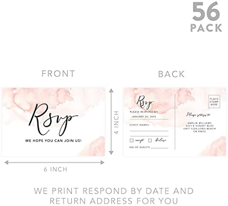 Andaz Press 56-Pack Personalized RSVP Postcards for Wedding Coral Brushed Watercolor Cardstock Response Reply Cards for Bridal Shower Baby Shower Birthday Event Custom Date Return Address 4 x 6-Inch - Image 5