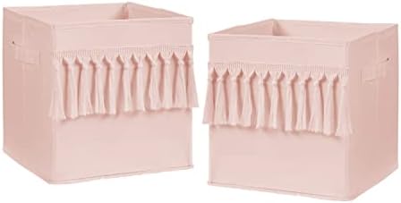 Sweet Jojo Designs Pink Boho Bohemian Foldable Fabric Storage Cube Bins Boxes Organizer Toys Kids Baby Childrens - Set of 2 - Solid Color Blush Shabby Chic Luxury Vintage Designer Tassel Fringe by SweetJojoDesigns