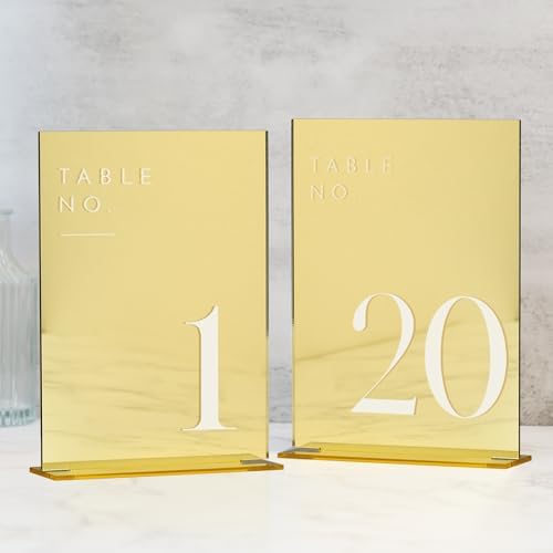 Gold Wedding Table Numbers 1-20 with Stands, 5"x7" Gold Mirror Acrylic Table Numbers, Perfect for Wedding Reception, Party, Anniversary, Event by JINMURY