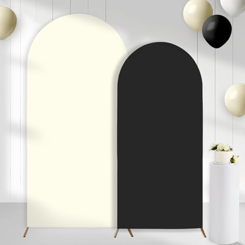 Set of 2 Arch Backdrop Covers Cream Black(7.2Ft, 6Ft), 2-Sided Spandex Fitted Round Top Chiara Arch Backdrop Stand Covers for Baby Shower Wedding Birthday Party Decor Supplies (Only Cover) by CORNERLACE