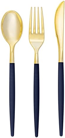 Luxe Party 128 Pieces Two Tone Plastic Disposable Cutlery | Forks-Spoons-Knives | Full Size | Chic Round | Navy and Gold by LuxeParty