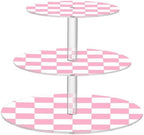J JOYSAY Chess Checkerboard Pink White Print Acrylic Cupcake Stand 3 Tier Dessert Table Display Set Clear Cake Stands for Wedding Baby Shower Party Decorations Easy Assembly Macaron Tower by J+JOYSAY