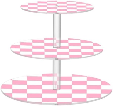 J JOYSAY Chess Checkerboard Pink White Print Acrylic Cupcake Stand 3 Tier Dessert Table Display Set Clear Cake Stands for Wedding Baby Shower Party Decorations Easy Assembly Macaron Tower by J+JOYSAY