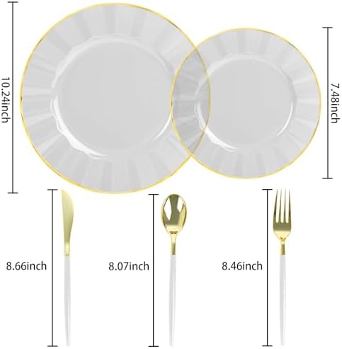 150Pcs Plastic Plates with Gold Rim,Heavy Duty Clear Plates for 30 Guests,Plastic Dinnerware Set Include 30 Dinner Plate,30 Dessert Plate,90 Gold Cutlery Set for Party (Clear) - Image 2