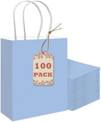 qiqee 100PCS Gift Bag with Handles Bulk Light Blue Paper Bags Multiple Uses (8.3"x3"x6"inch Small Size) by Qiqee
