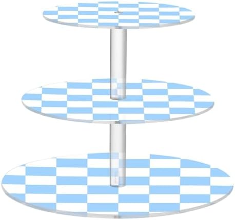 J JOYSAY Chess Checkerboard White Sky Blue Print Acrylic Cupcake Stand 3 Tier Dessert Table Display Set Clear Cake Stands for Baby Shower Wedding Party Decorations Easy Assembly Pastry Tower by J+JOYSAY