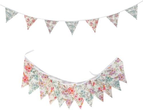 Zwiebeco 32Ft Vintage Flowers Fabric Pennant Banner Triangle Flags Cotton Retro Floral Bunting Party Decorations for Birthday Engagement Wedding Baby Shower Spring Rustic Village Home Garden Decor by Zwiebeco