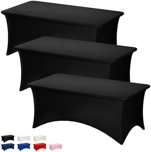 Fixwal 3 Pack 8FT Black Tablecloth Rectangle Spandex Fitted Table Cover by Fixwal