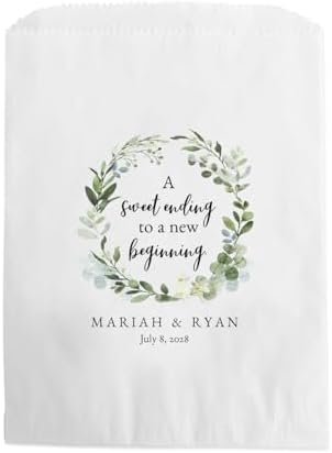 Canopy Street Personalized Greenery Wreath Treat Bags / 50 Custom Event Dessert Bags / 5 3/4" x 8" Watercolor Floral Cookie Holder Wedding Anniversary Favor/Made In The USA by CanopyStreet