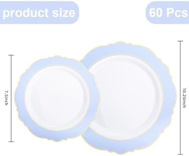 WDF 60pcs Blue Plates Disposable With Gold Rim - Baroque Baby Blue Plastic Party Plates for Wedding/Party/Baby Shower/Spring - Image 2