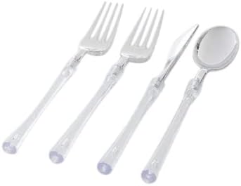 Luxe Party 128 Pieces Two Tone Plastic Disposable Cutlery | Forks-Spoons-Knives | Full Size | Neo Classic | Clear and Silver - Image 2