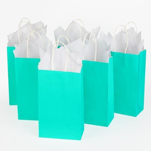 DjinnGlory 100 Pack Small Size Teal Blue Paper Gift Bags with Handles Bulk 9x5.5x3.15 Inch for Holiday Birthday Wedding Baby Shower Party Favors, Business Merchandise Shopping Bags - Image 6