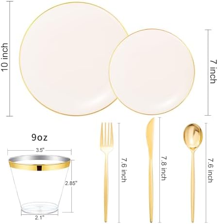 bUCLA 150PCS Ivory Plastic Plates with Gold Trim - Heavy Duty Cream Plastic Disposable for Party & Wedding - Include 25 Each（Dinner & Dessert） Plates, 25 Knives, 25 Forks, 25 Spoons & 25 Cups - Image 2