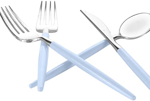 Luxe Party 128 Pieces Two Tone Plastic Disposable Cutlery | Forks-Spoons-Knives | Full Size | Chic Round | Ice Blue and Silver - Image 4