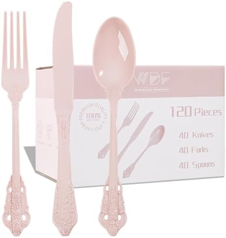WDF 120 Pieces Heavy Duty Pink Plastic Cutlery Set - Disposable Utensils - Disposable Flatware Includes 40 Forks, 40 Spoons, 40 Knives for Party/Baby Shower/Wedding by WDF
