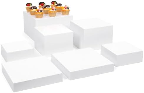7 Pcs Acrylic Buffet Risers Set – Square Display Stands 6.8" to 12", Clear Cube Boxes for Cakes, Desserts, Jewelry & Party Decor, Hollow-Bottom Storage & Display Riser, Stackable Nestable Design (White) by Unknown