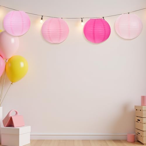 12pcs Pink Round Paper Lanterns - Hanging Decorative Lanterns for Valentine Day - Party Lamp Decoration for Day Wedding Birthday Baby Bridal Shower - Image 5