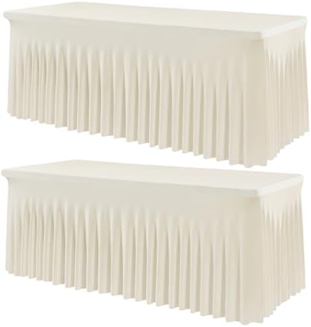 Spandex Tablecloth 8FT Rectangle Table Cover 2 Pack Ivory Wrinkle-Free by Outpain