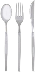 Luxe Party 128 Pieces Two Tone Plastic Disposable Cutlery | Forks-Spoons-Knives | Full Size | Chic Round | Clear and Silver by LuxeParty