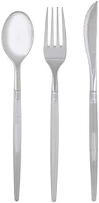 Luxe Party 128 Pieces Two Tone Plastic Disposable Cutlery | Forks-Spoons-Knives | Full Size | Chic Round | Clear and Silver by LuxeParty