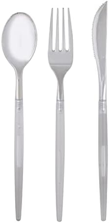 Luxe Party 128 Pieces Two Tone Plastic Disposable Cutlery | Forks-Spoons-Knives | Full Size | Chic Round | Clear and Silver by LuxeParty