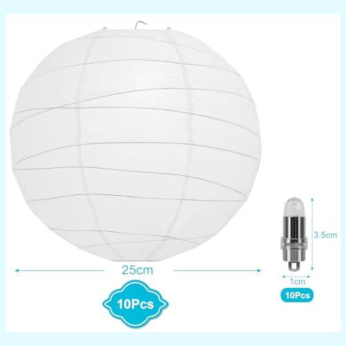 LIHAO 10’’ White Paper Lanterns with Lights, Chinese Lanterns Decorative for Party Decorations Wedding Anniversary Birthday Indoor Outdoor Home (Pack of 2) - Image 2